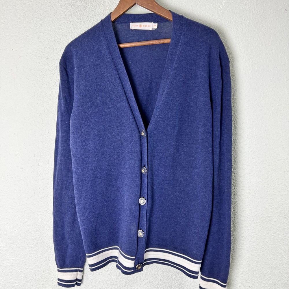 Tory Burch Dark Blue Cotton Cardigan with Striped Trim Small
